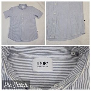 NN07 No Nationality Shirt Mens Blue Size Medium Stripe 100% Cotton Short Sleeve